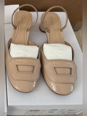 Dior Day Beige Patent Leather Slingback Loafers with Gold Logo